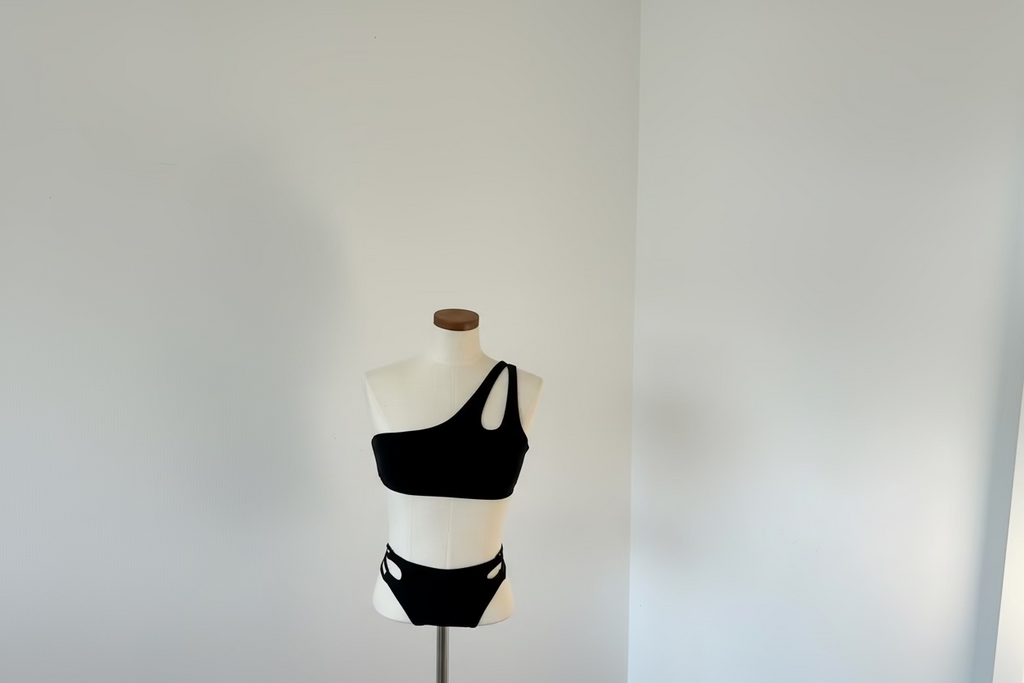 Black Off The Shoulder Top Black Hint Of Gold Bottoms 2 Piece Swim Suit